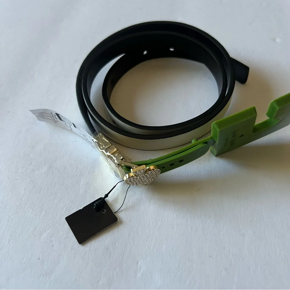 KATE SPADE REVERSIBLE BELT BLACK/WHITE WITH CRYSTAL STUDDED GOLD SPADE SMALL NWT
